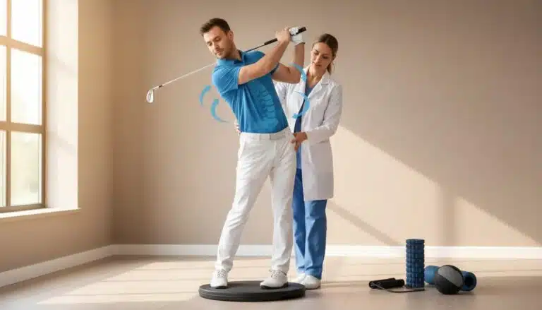 Golfer bei physiotherapeutischer Behandlung: Physiotherapeut führt Rotations- und Stabilitätskorrektur für einen verbesserten Golfschwung in heller Praxisumgebung